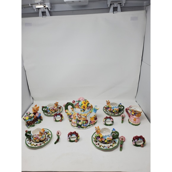 Springtime Tea Set 19pc Set New Open Box Rabbits Bunny Working Set - Picture 3 of 14